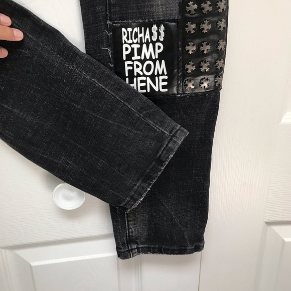 Mens patched up rock n roll studded distressed bootcut jeans - Picture 3 of 5